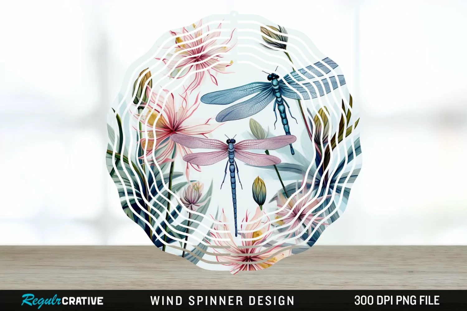 Watercolor Floral Dragonflies Wind Spinner Sublimation PNG product image 1