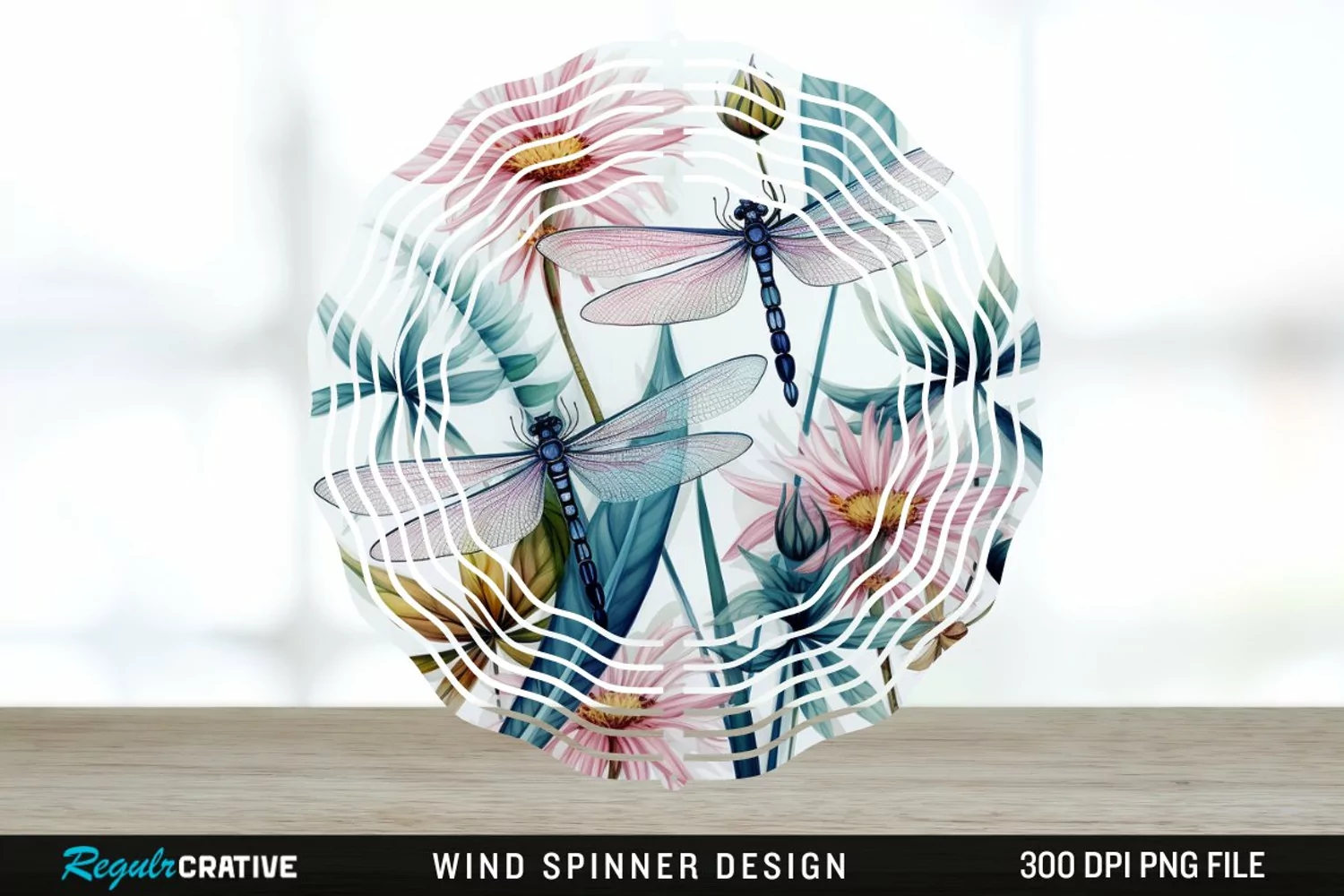 Watercolor Floral Dragonflies Wind Spinner Sublimation PNG product image 1