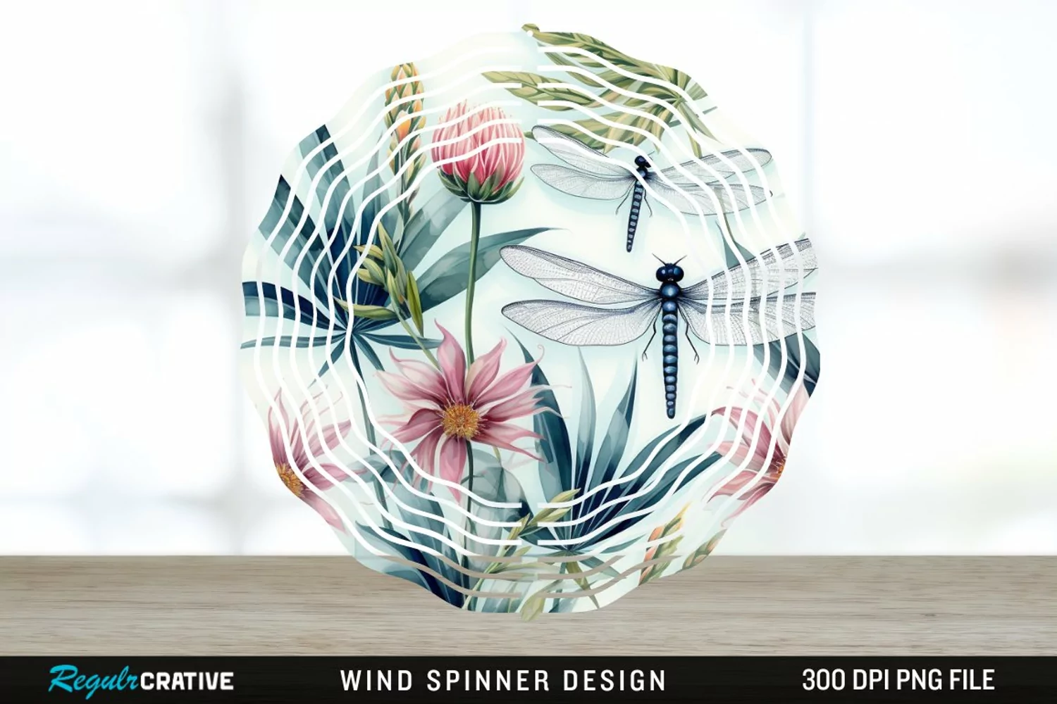 Watercolor Floral Dragonflies Wind Spinner Sublimation PNG product image 1
