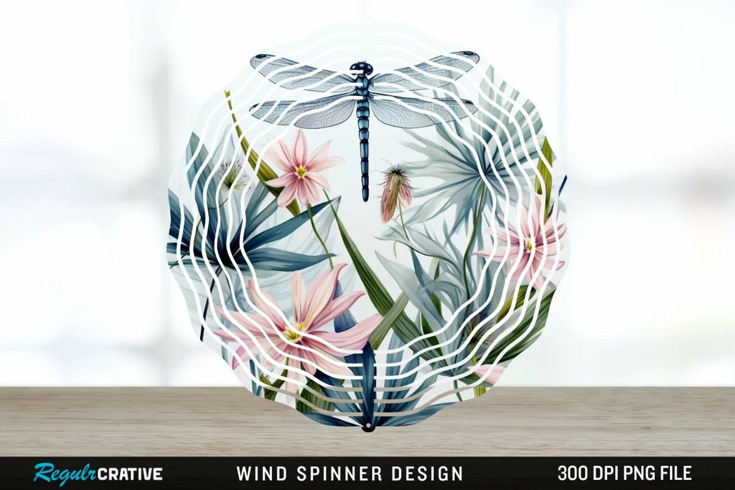 Watercolor Floral Dragonflies Wind Spinner Sublimation PNG product image 1