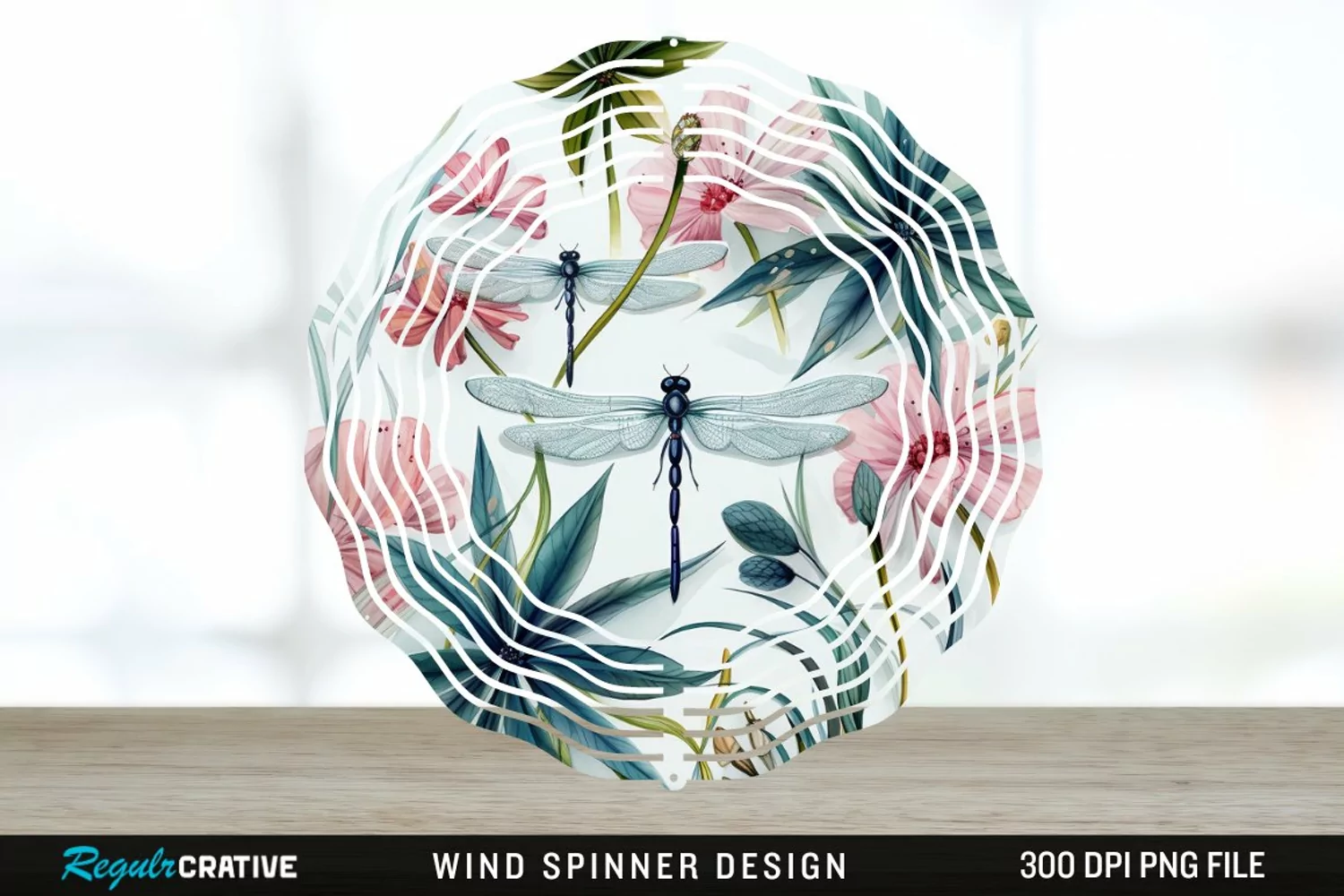 Watercolor Floral Dragonflies Wind Spinner Sublimation PNG product image 1