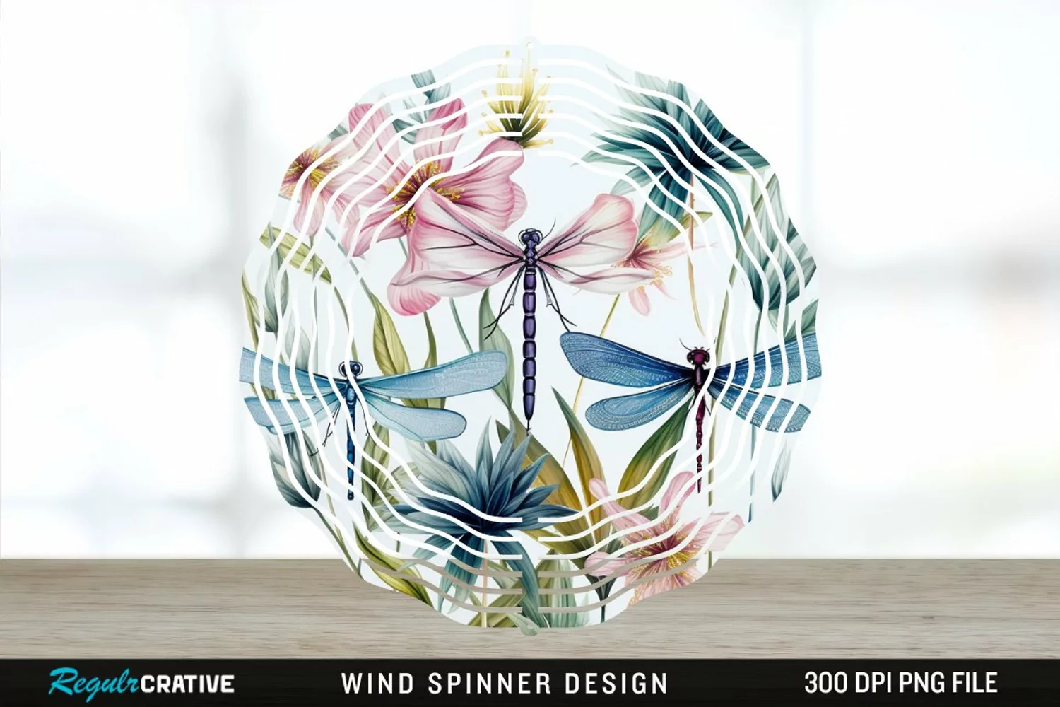 Watercolor Floral Dragonflies Wind Spinner Sublimation PNG product image 1