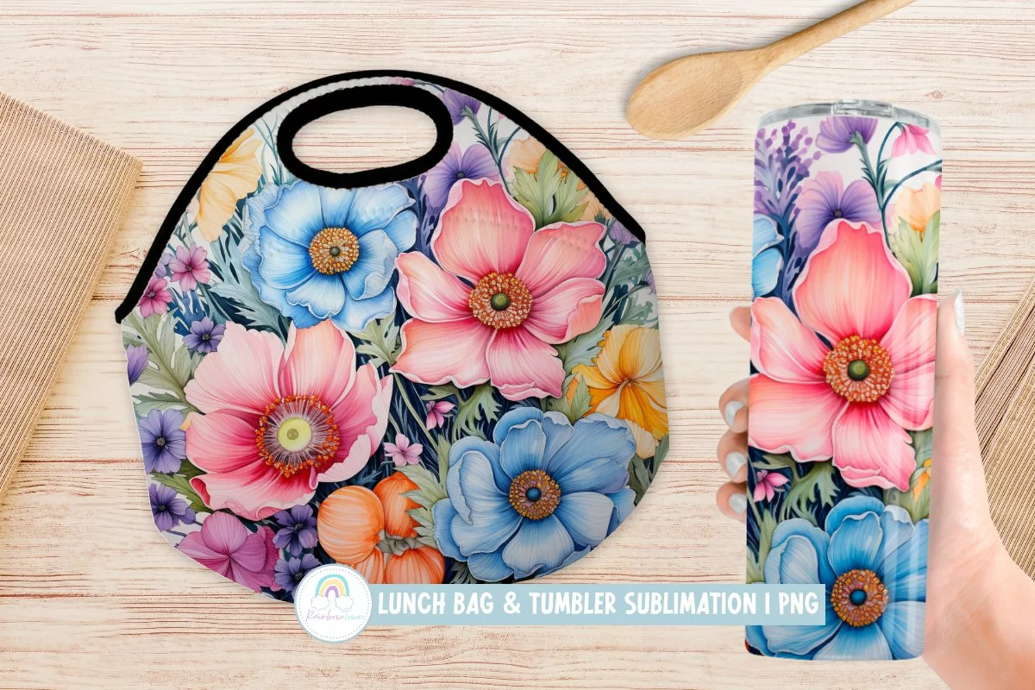Lunch Bag Sublimation Tumbler Wrap Watercolor Floral Design product image 1
