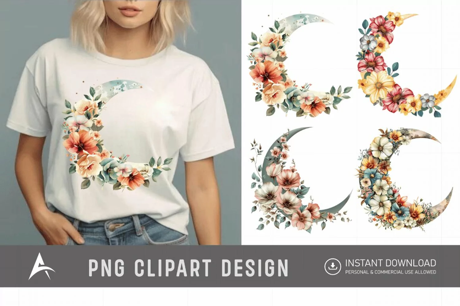 Watercolor Floral Moon Clipart product image 1
