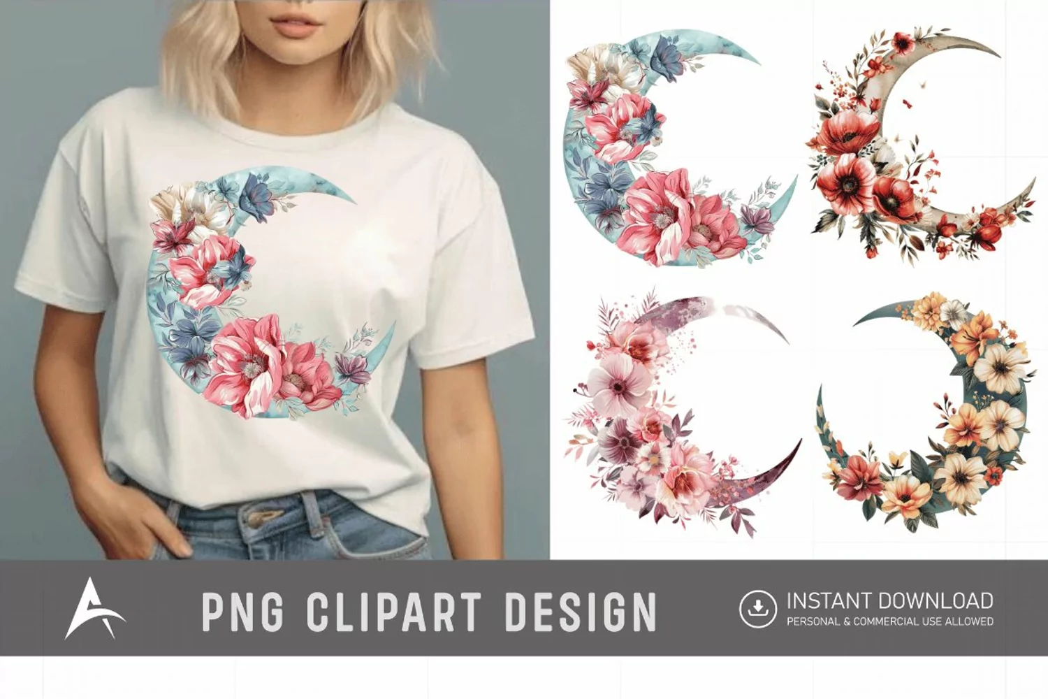 Watercolor Floral Moon Clipart product image 1