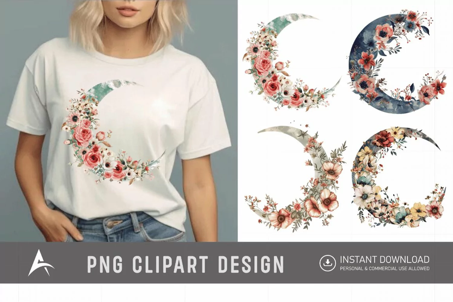 Watercolor Floral Moon Clipart product image 1