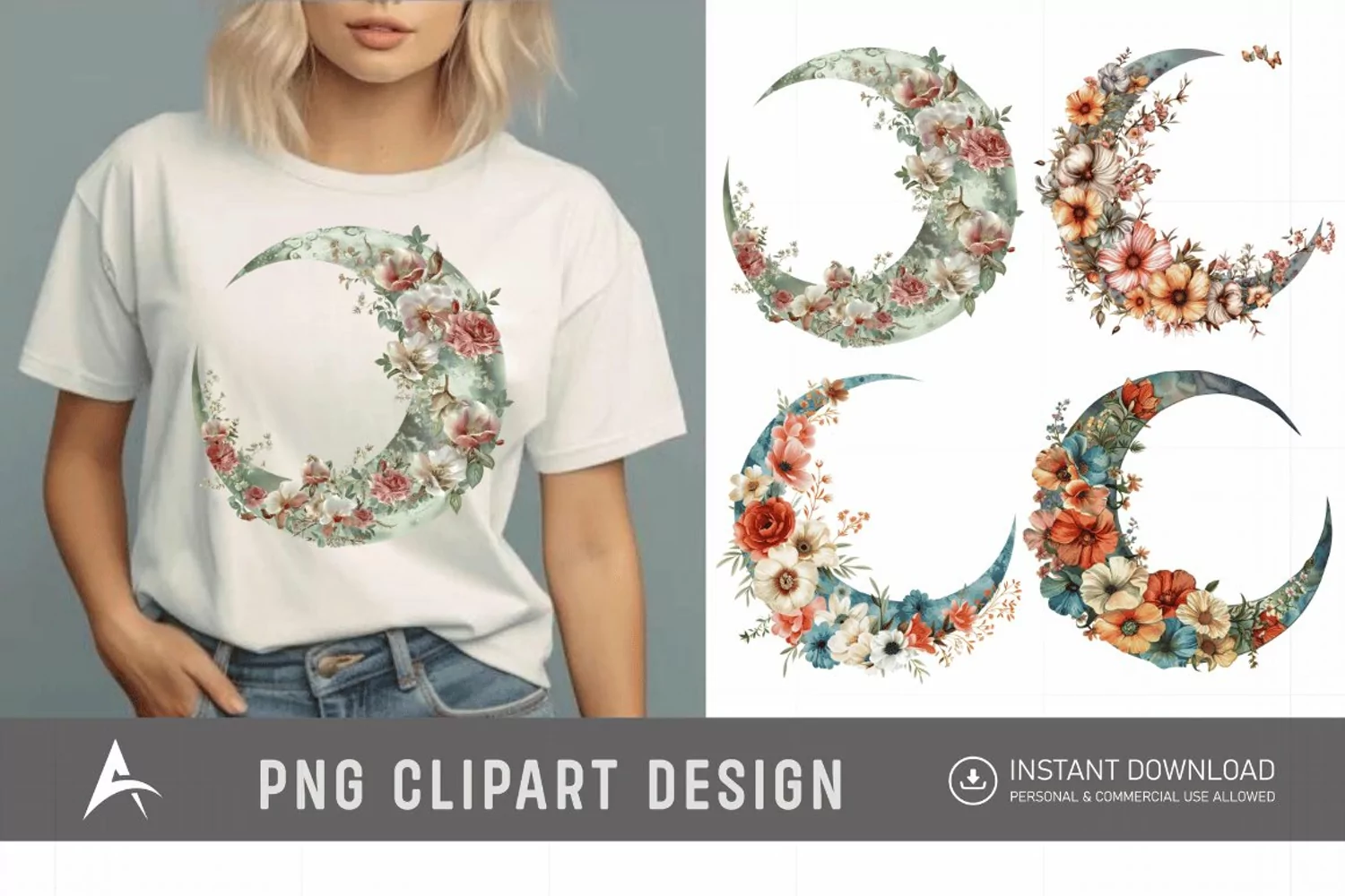 Watercolor Floral Moon Clipart product image 1