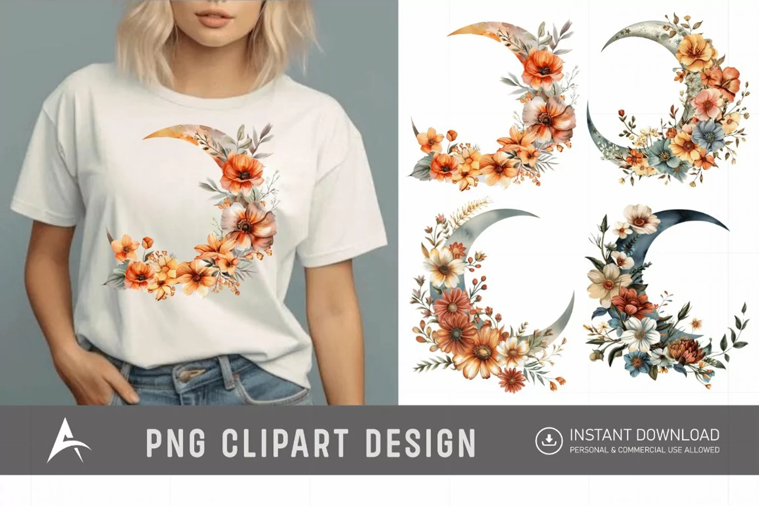 Watercolor Floral Moon Clipart product image 1