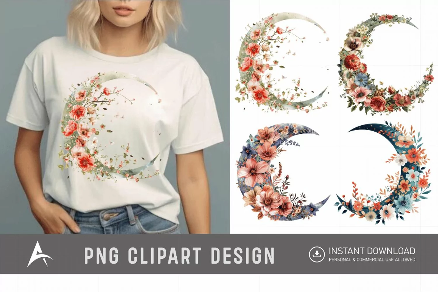 Watercolor Floral Moon Clipart product image 1