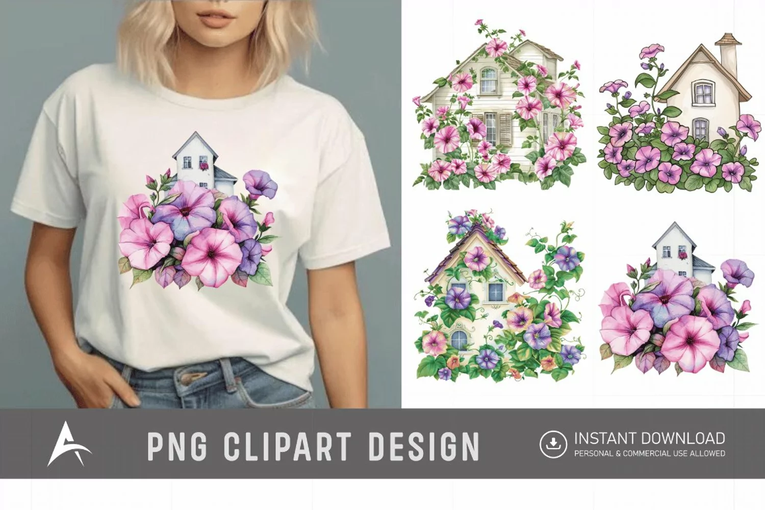 Watercolor Floral Petunia House Clipart product image 1