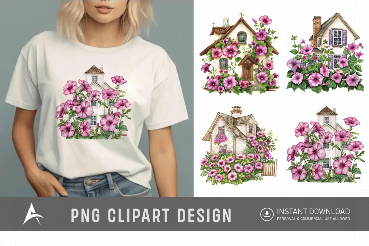 Watercolor Floral Petunia House Clipart product image 1