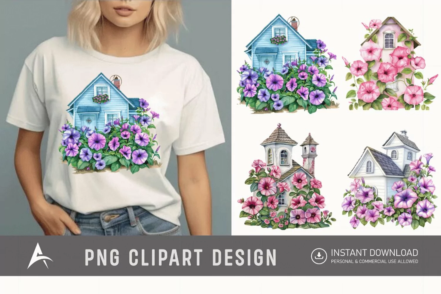 Watercolor Floral Petunia House Clipart product image 1