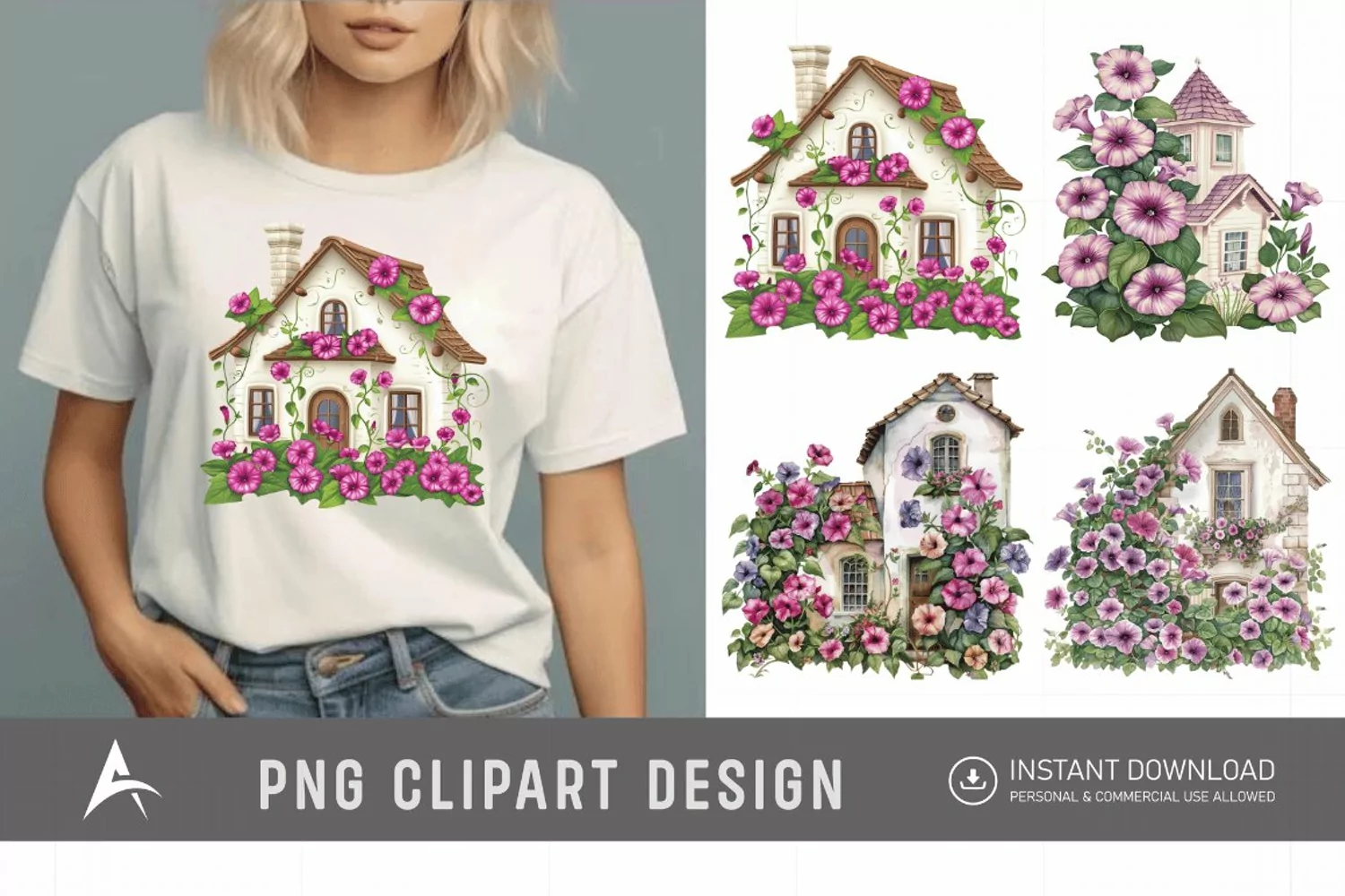 Watercolor Floral Petunia House Clipart product image 1