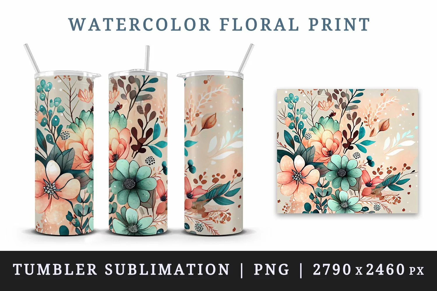 Watercolor floral print with flowers design wrap sublimation for customize your tumbler