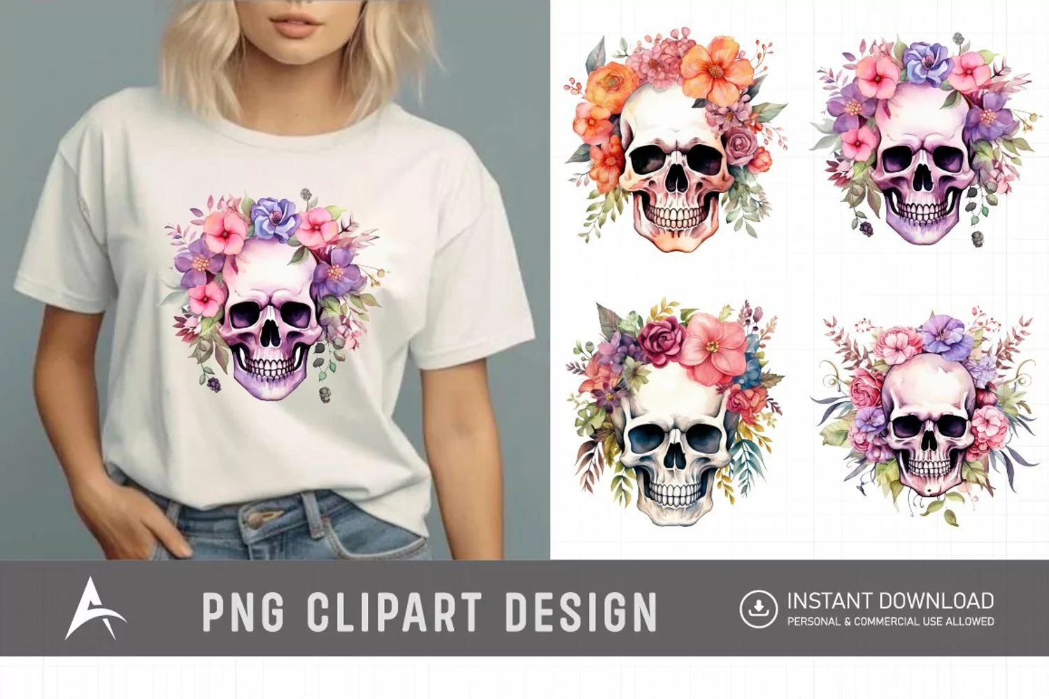 Watercolor Floral Skull Clipart product image 1