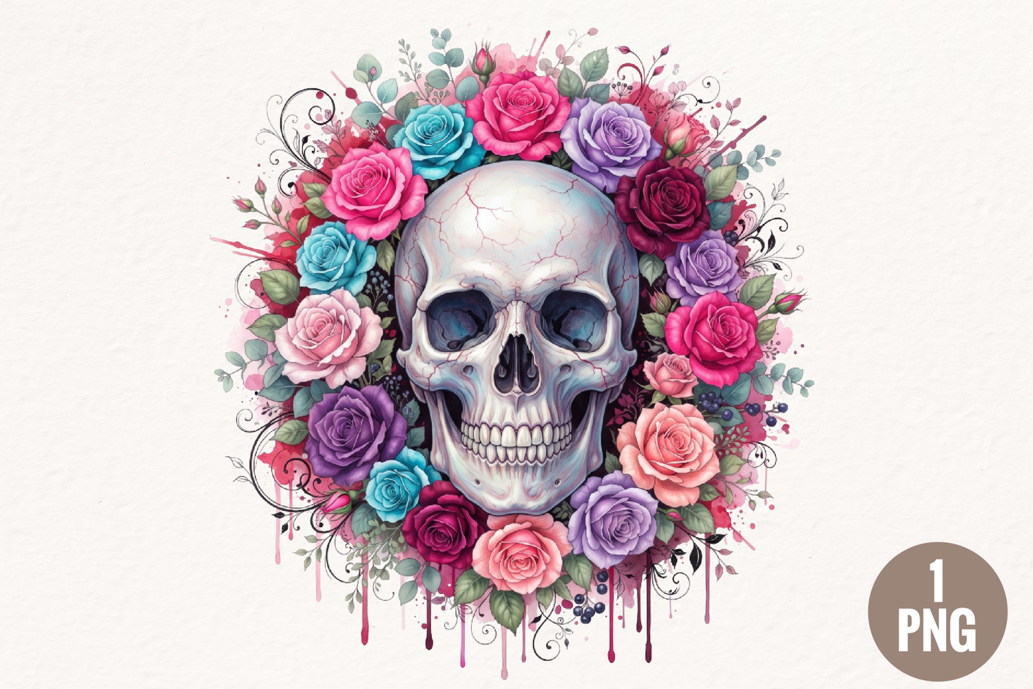 Watercolor Floral Skull PNG product image 1