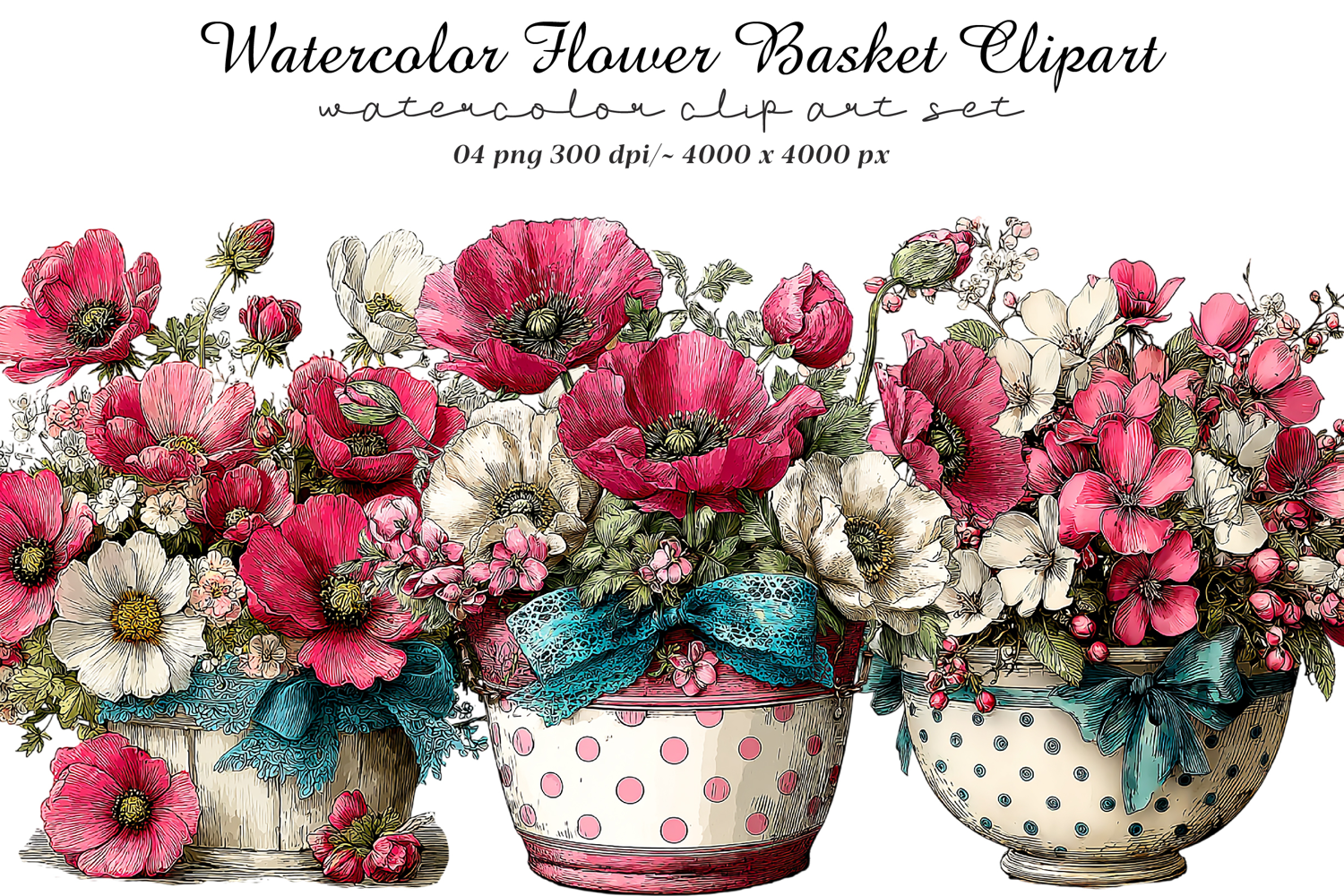 Watercolor Flower Basket Clipart product image 1