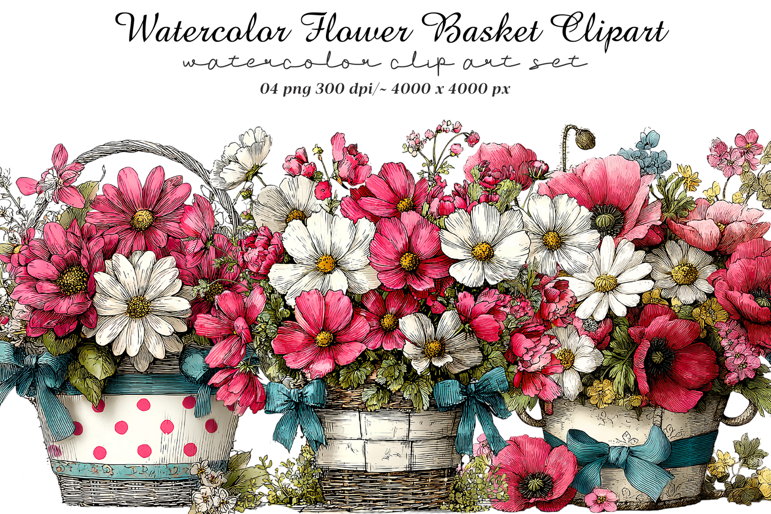 Watercolor Flower Basket Clipart product image 1