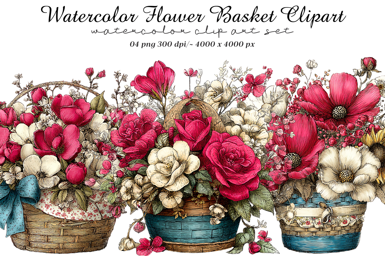 Watercolor Flower Basket Clipart product image 1