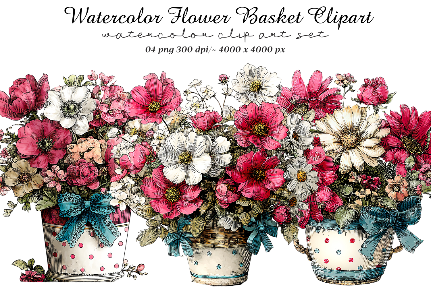 Watercolor Flower Basket Clipart product image 1