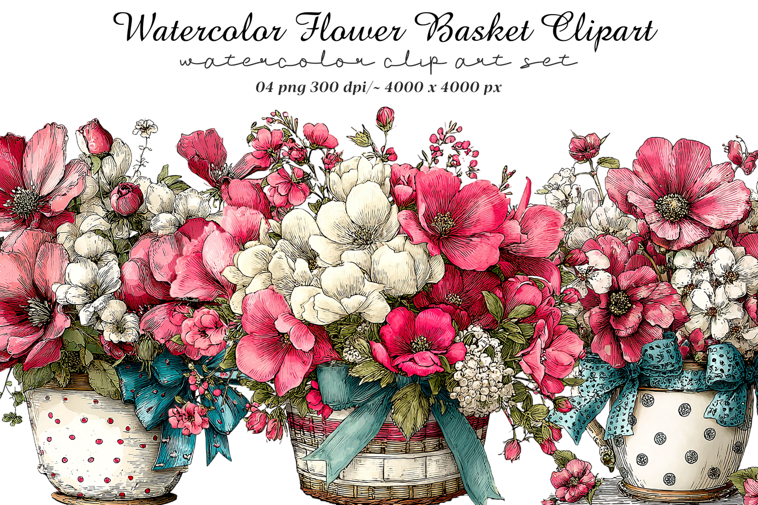 Watercolor Flower Basket Clipart product image 1