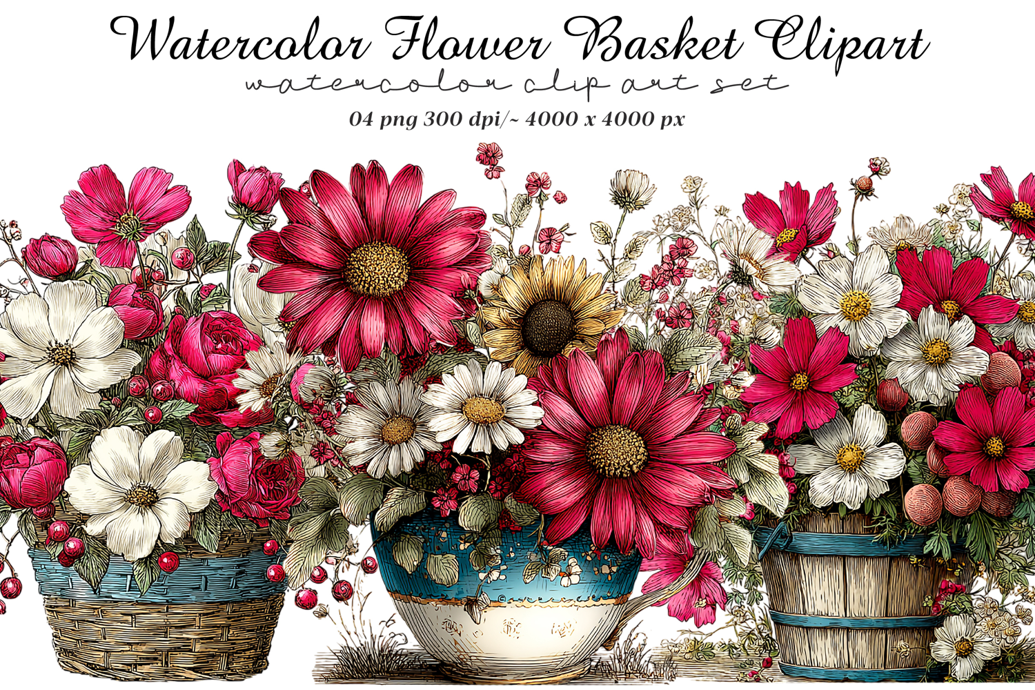 watercolor flower basket clipart product image 1