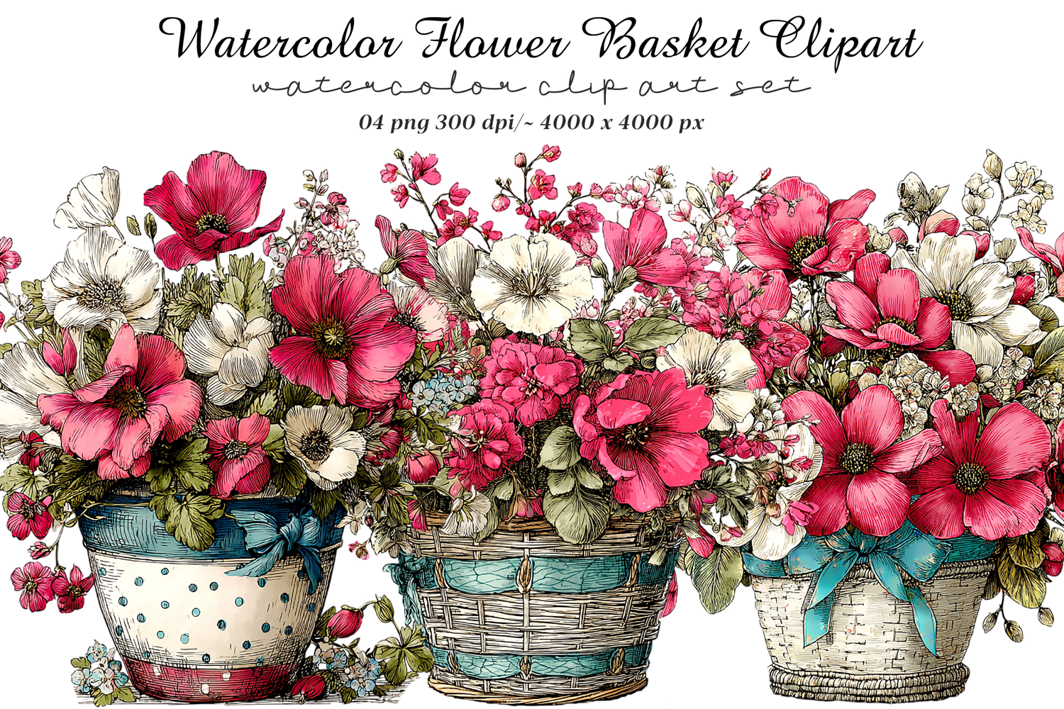 Watercolor Flower Basket Clipart product image 1