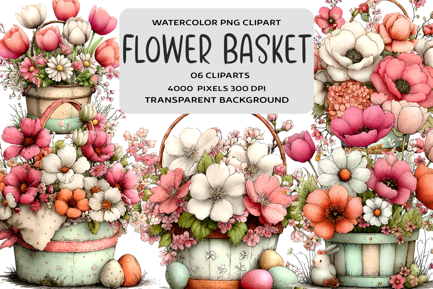 Watercolor Flower Basket Clipart product image 1