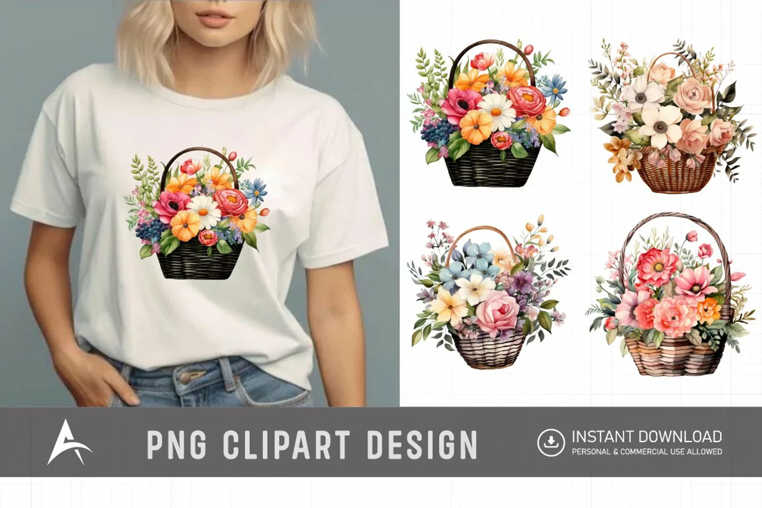 Watercolor Flower Basket Clipart product image 1
