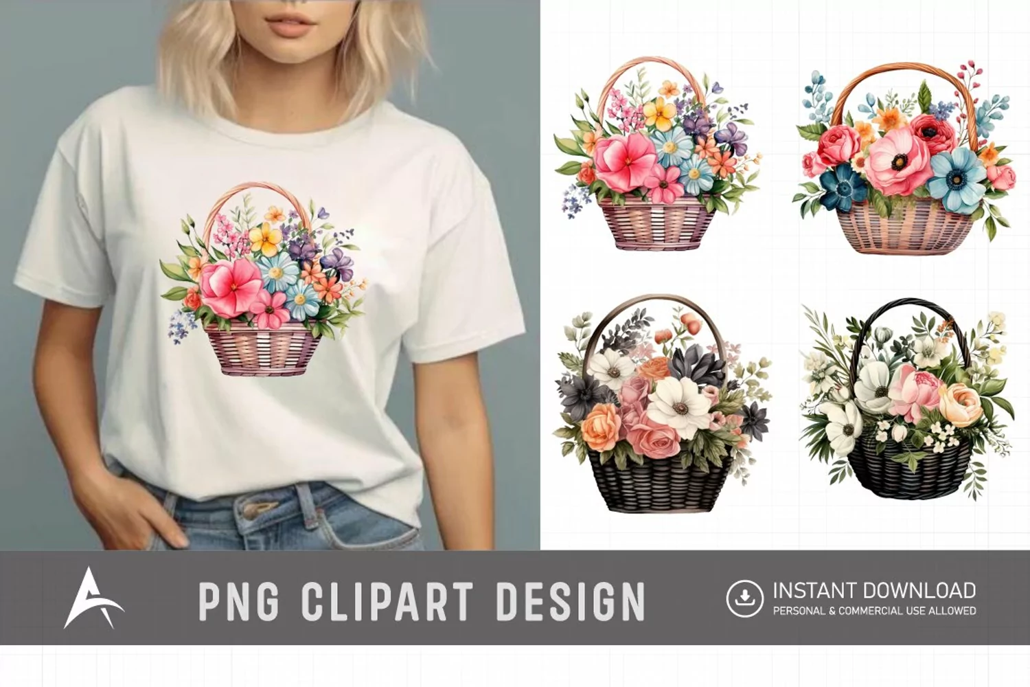 Watercolor Flower Basket Clipart product image 1