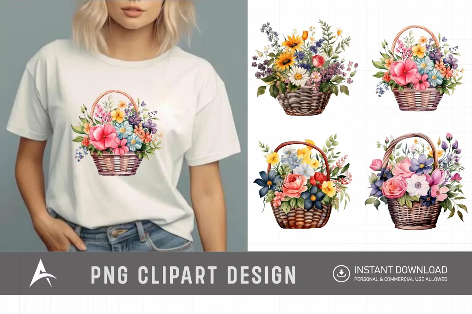 Watercolor Flower Basket Clipart product image 1