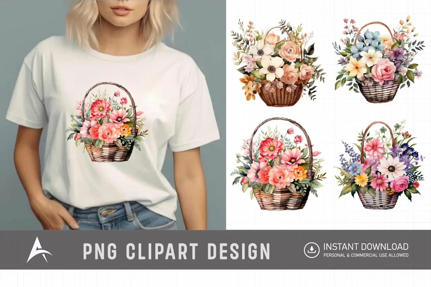 Watercolor Flower Basket Clipart product image 1