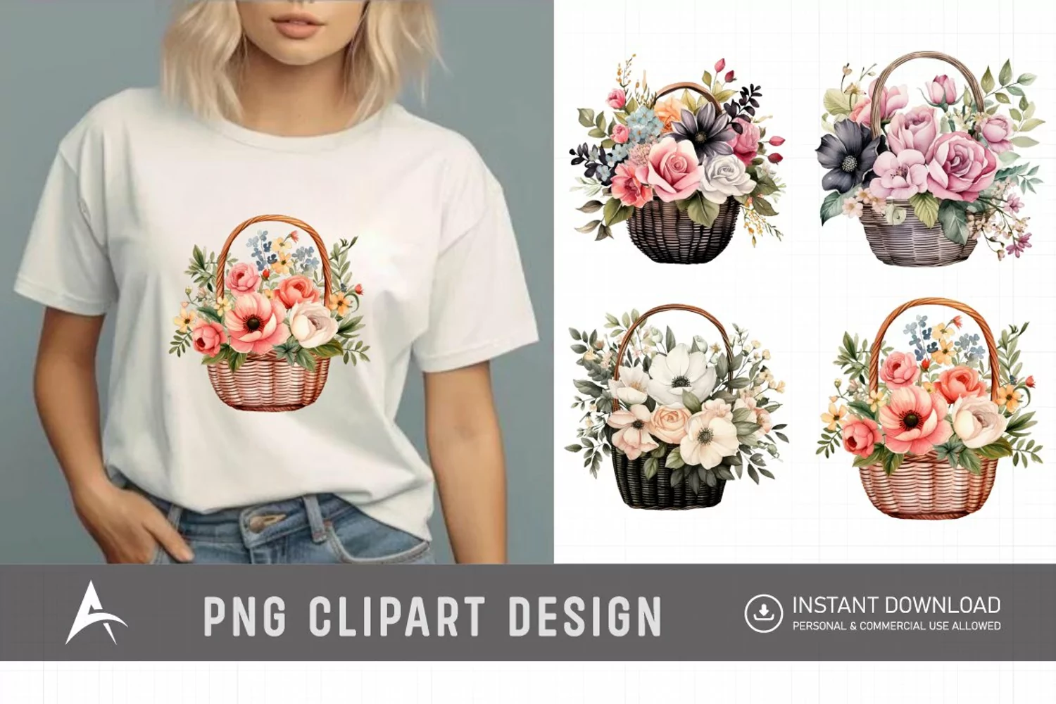 Watercolor Flower Basket Clipart product image 1