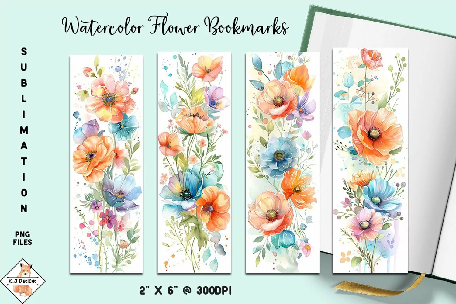 Watercolor Flower Bookmark Designs | Sublimation product image 1