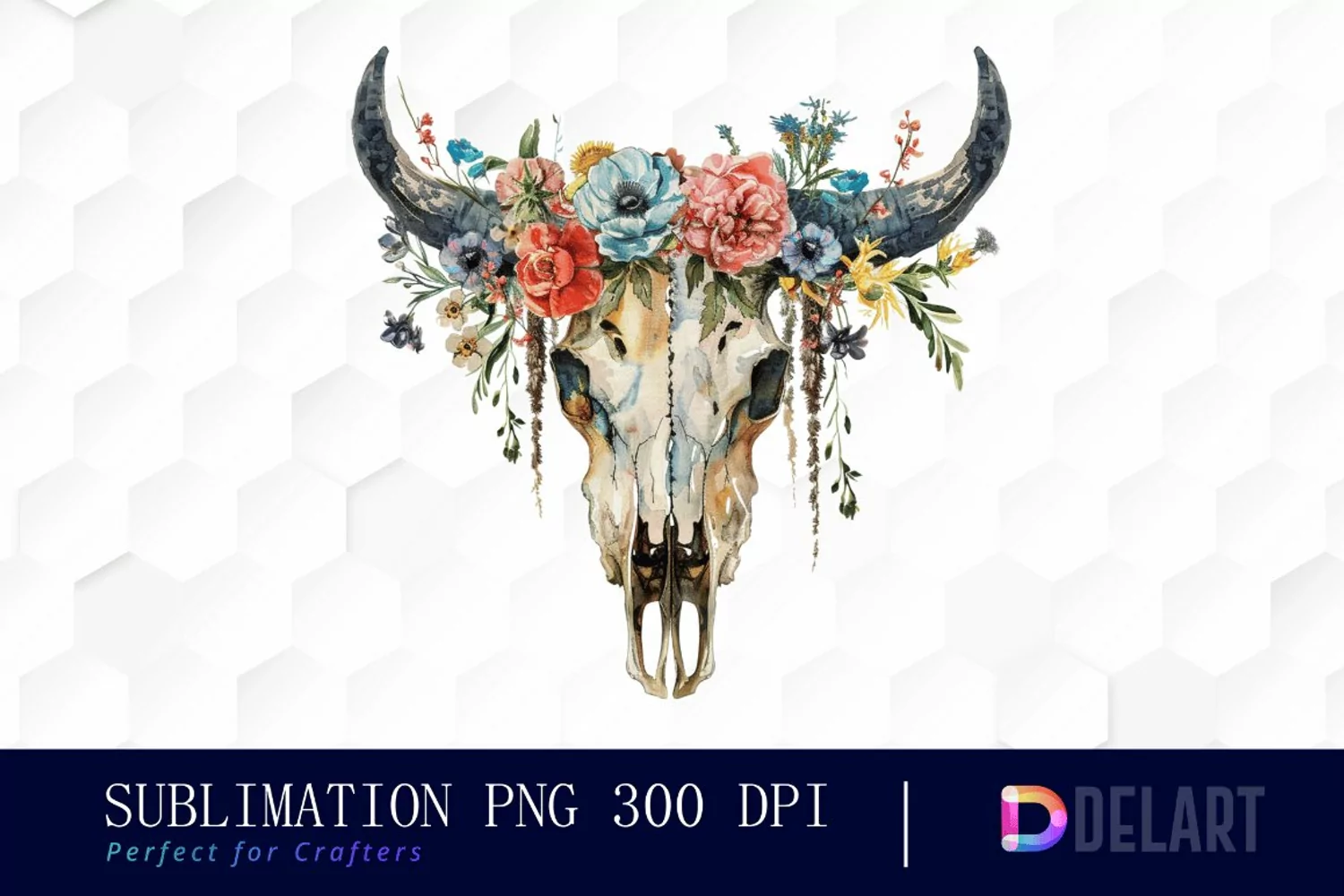 Flower Cow Skull Watercolor Clipart product image 1