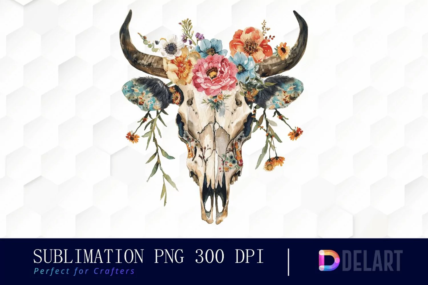 Flower Cow Skull Watercolor Clipart product image 1