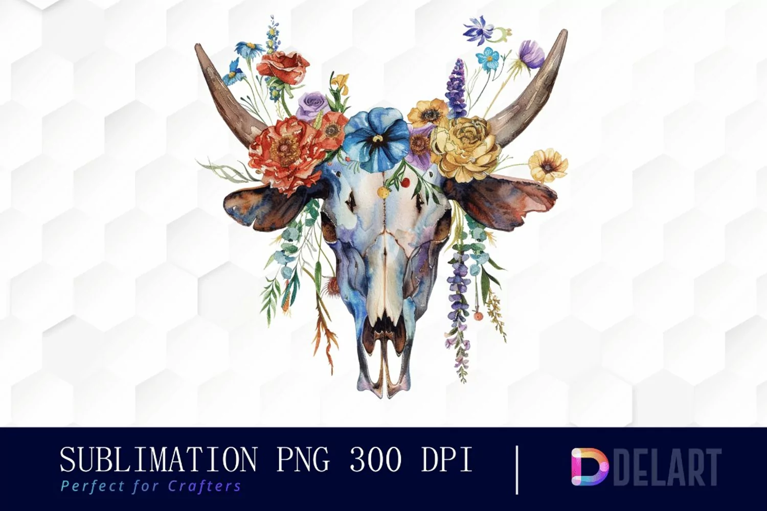 Flower Cow Skull Watercolor Clipart product image 1