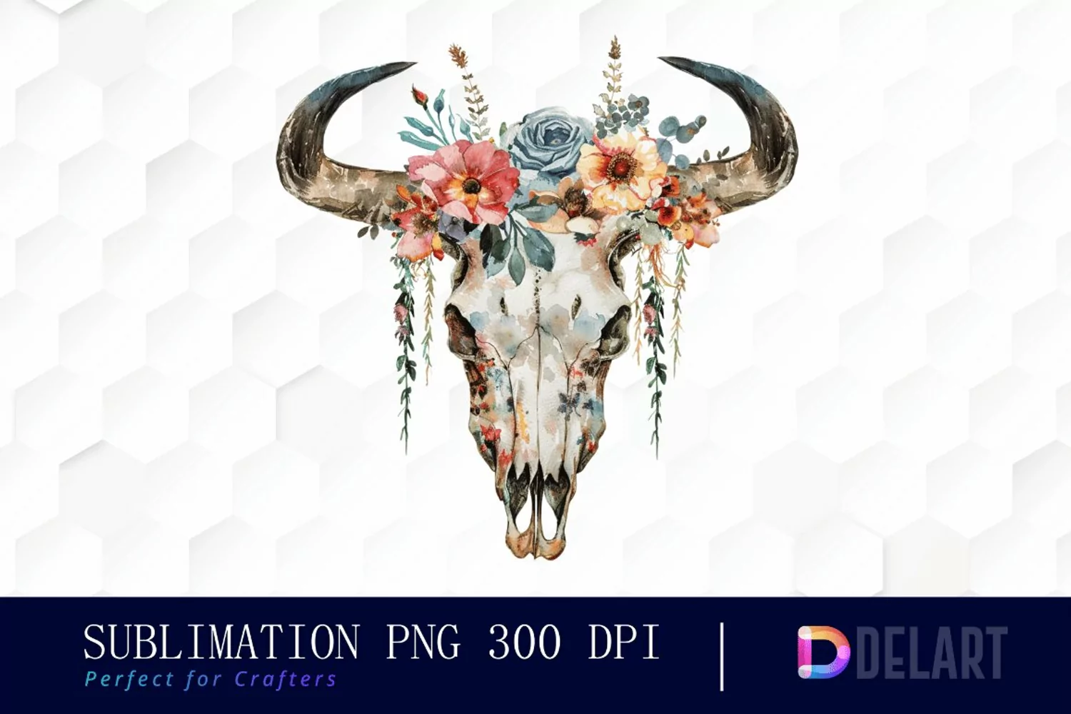 Flower Cow Skull Watercolor Clipart product image 1