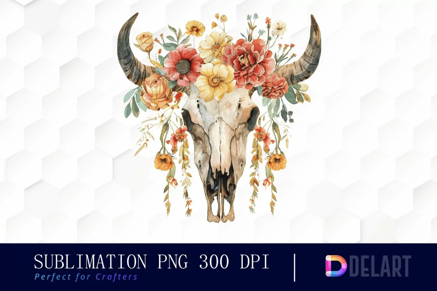 Flower Cow Skull Watercolor Clipart product image 1