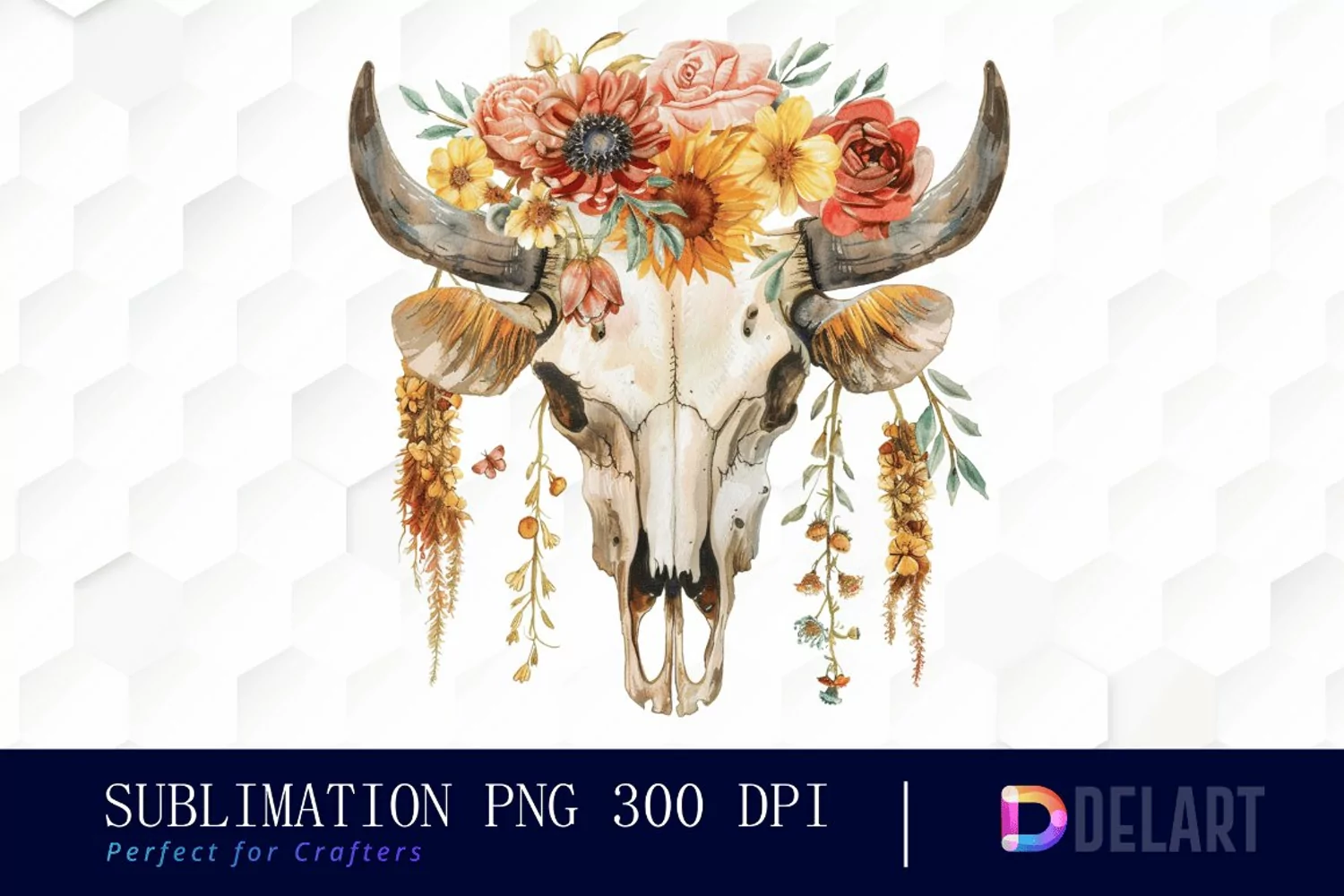 Flower Cow Skull Watercolor Clipart product image 1