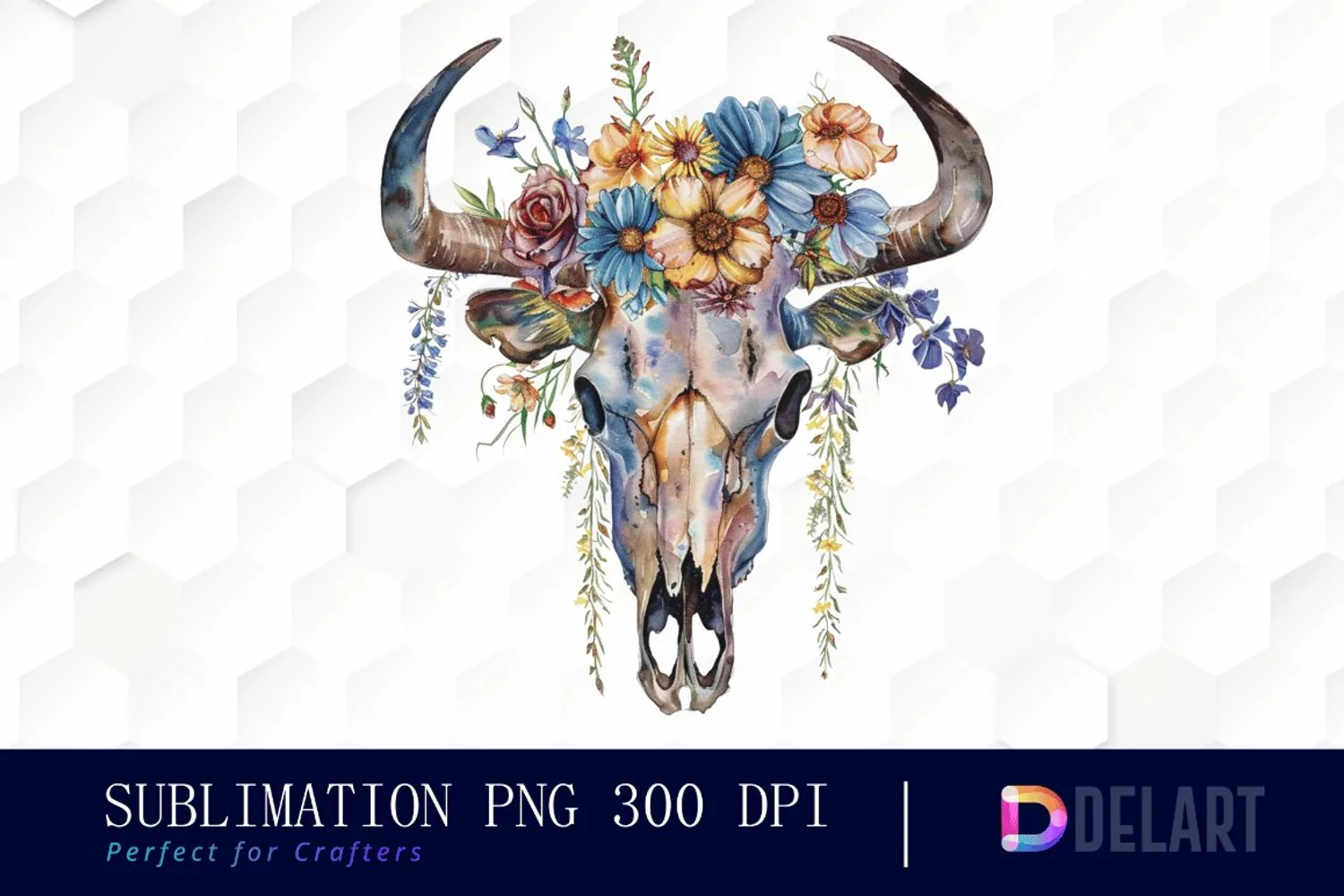 Flower Cow Skull Watercolor Clipart product image 1