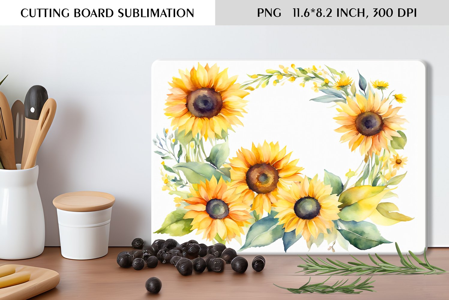 Watercolor Sunflowers Wreath|Cutting Board Sublimation product image 1