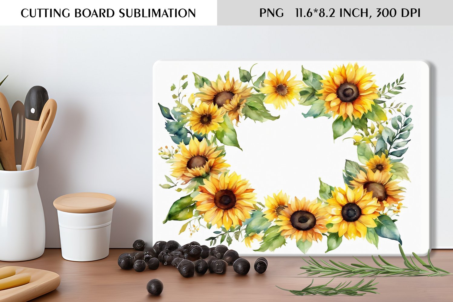 Watercolor Sunflowers Wreath|Cutting Board Sublimation product image 1