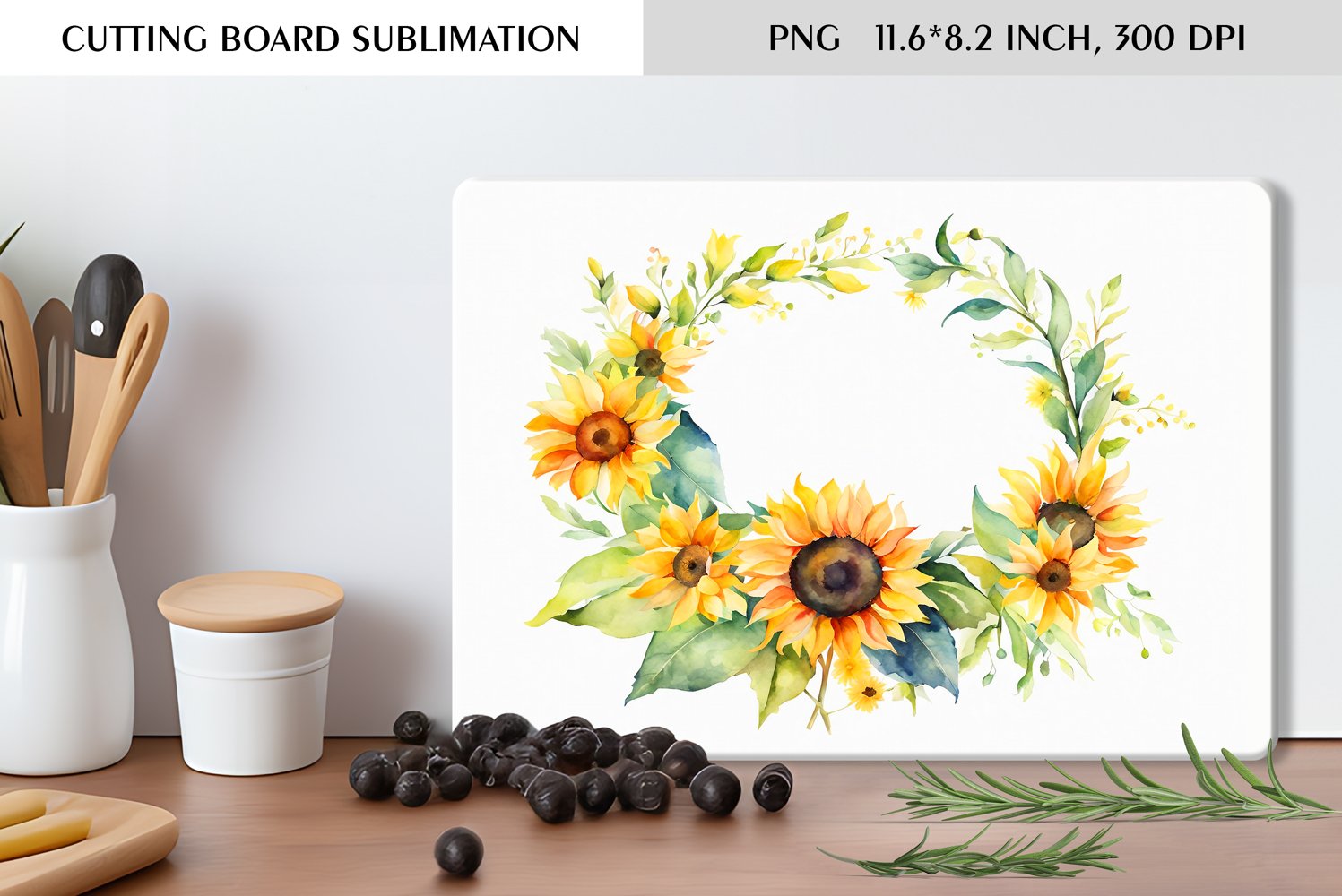 Watercolor Sunflowers Wreath|Cutting Board Sublimation product image 1
