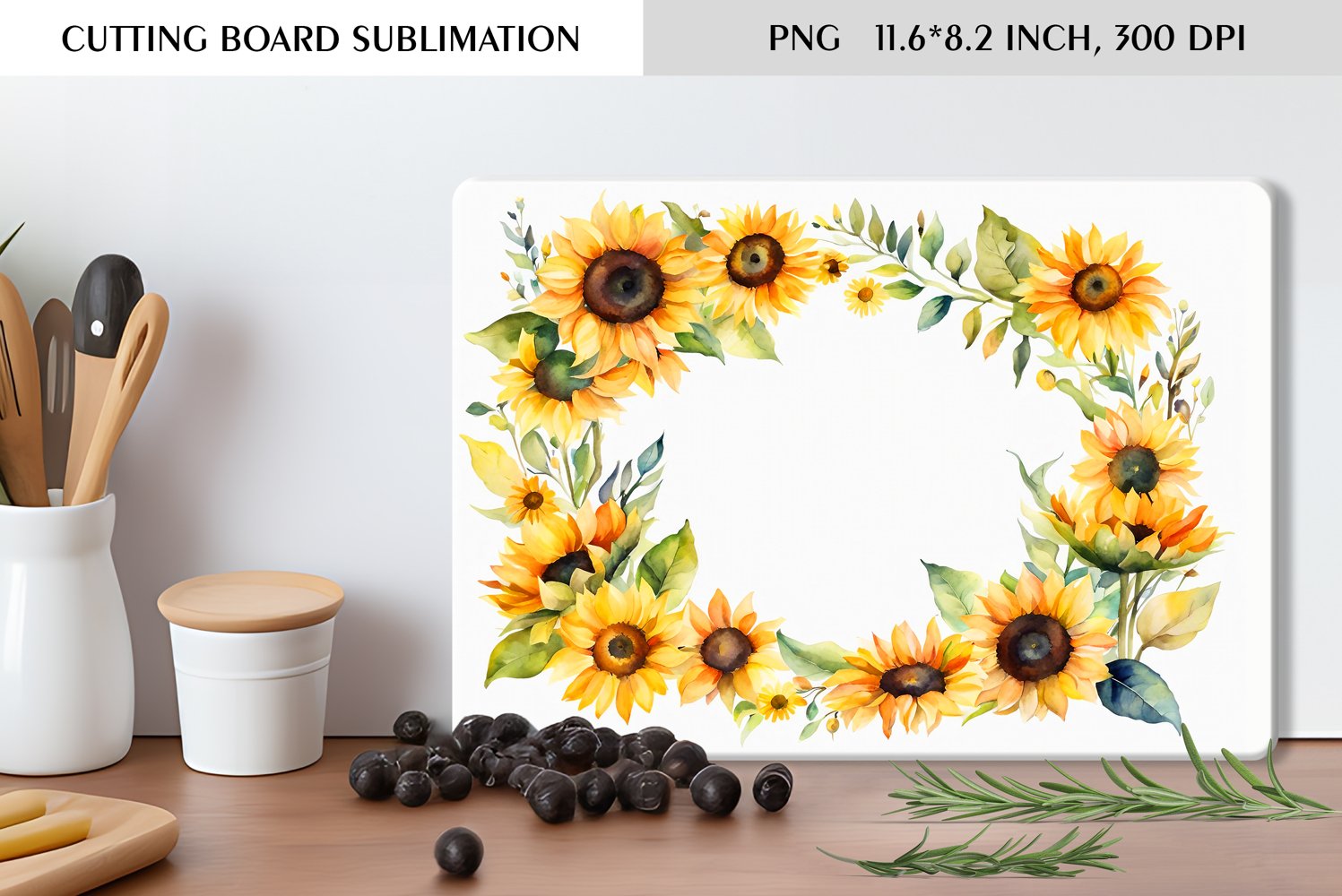 Watercolor Sunflowers Wreath|Cutting Board Sublimation product image 1