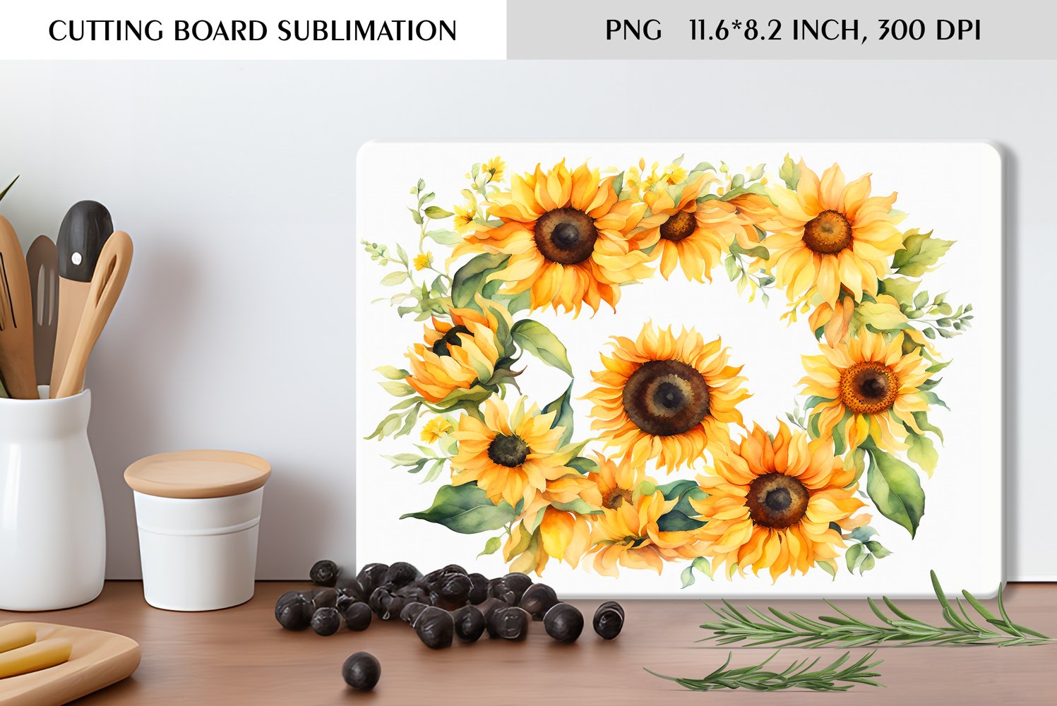 Watercolor Sunflowers Wreath|Cutting Board Sublimation product image 1