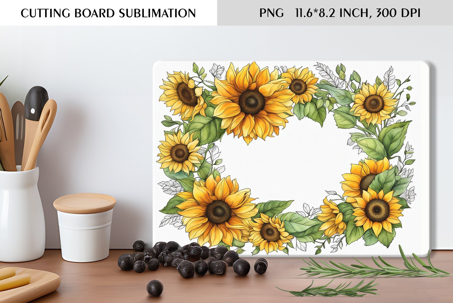 Watercolor Sunflowers Wreath|Cutting Board Sublimation product image 1