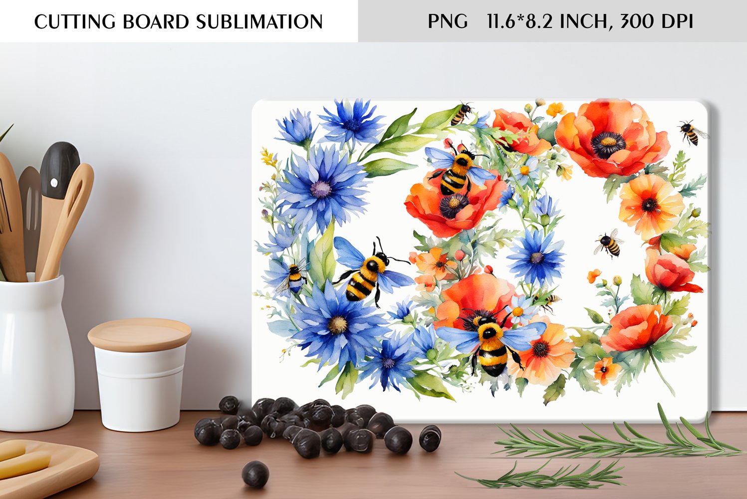 Summer Watercolor Flowers Design|Cutting Board Sublimation product image 1