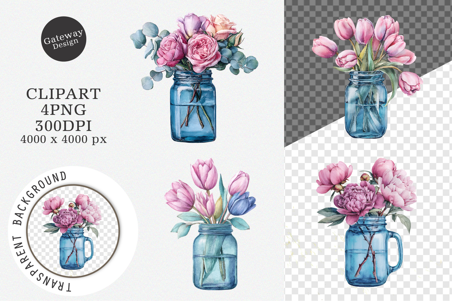 Watercolor Flower Mason Jar Clipart product image 1