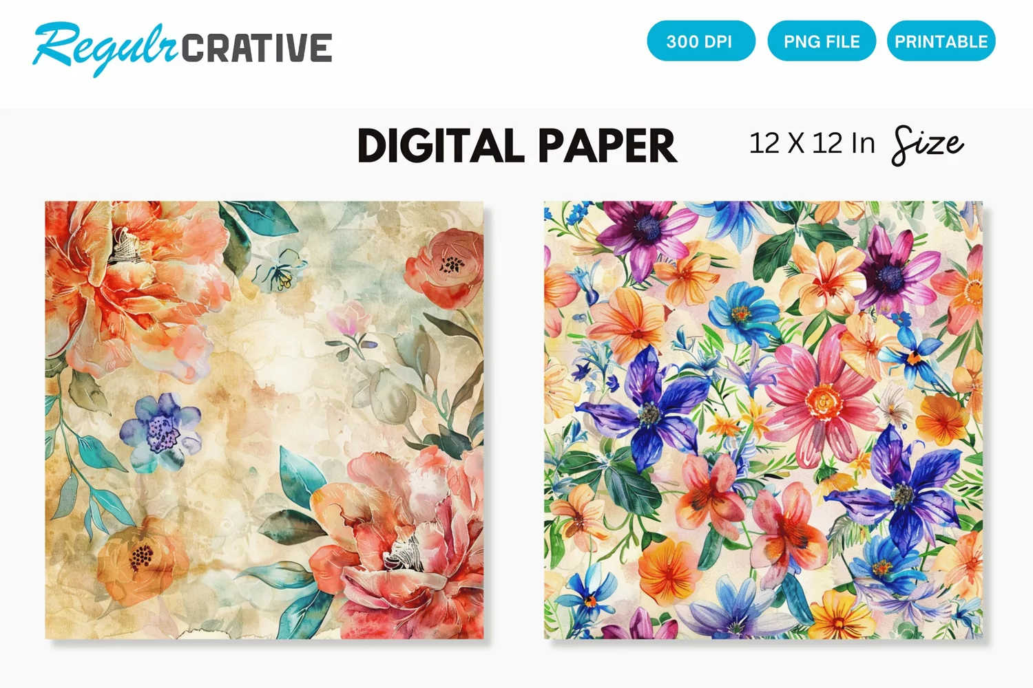 Watercolor Flower Medley Digital Paper , Flower Seamless PNG product image 1
